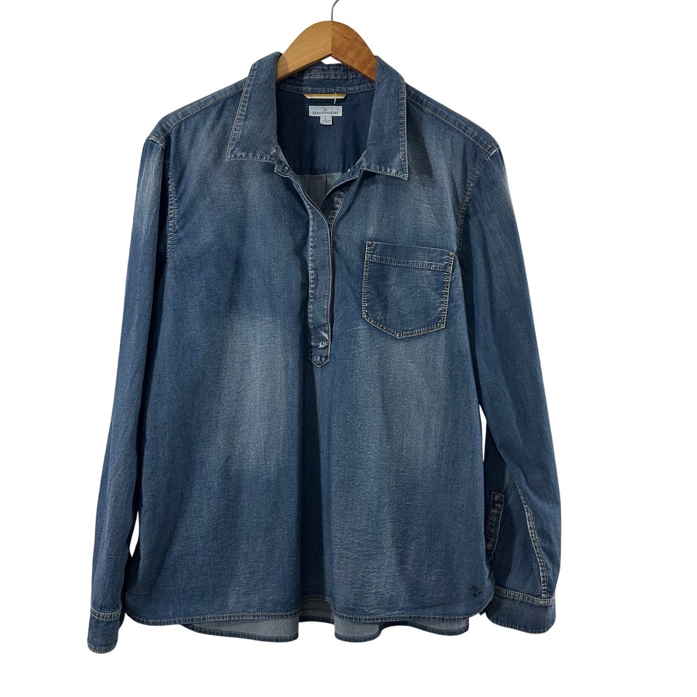 LL Bean Signature Womens Denim Popover Shirt Medium Indigo Blue Size L